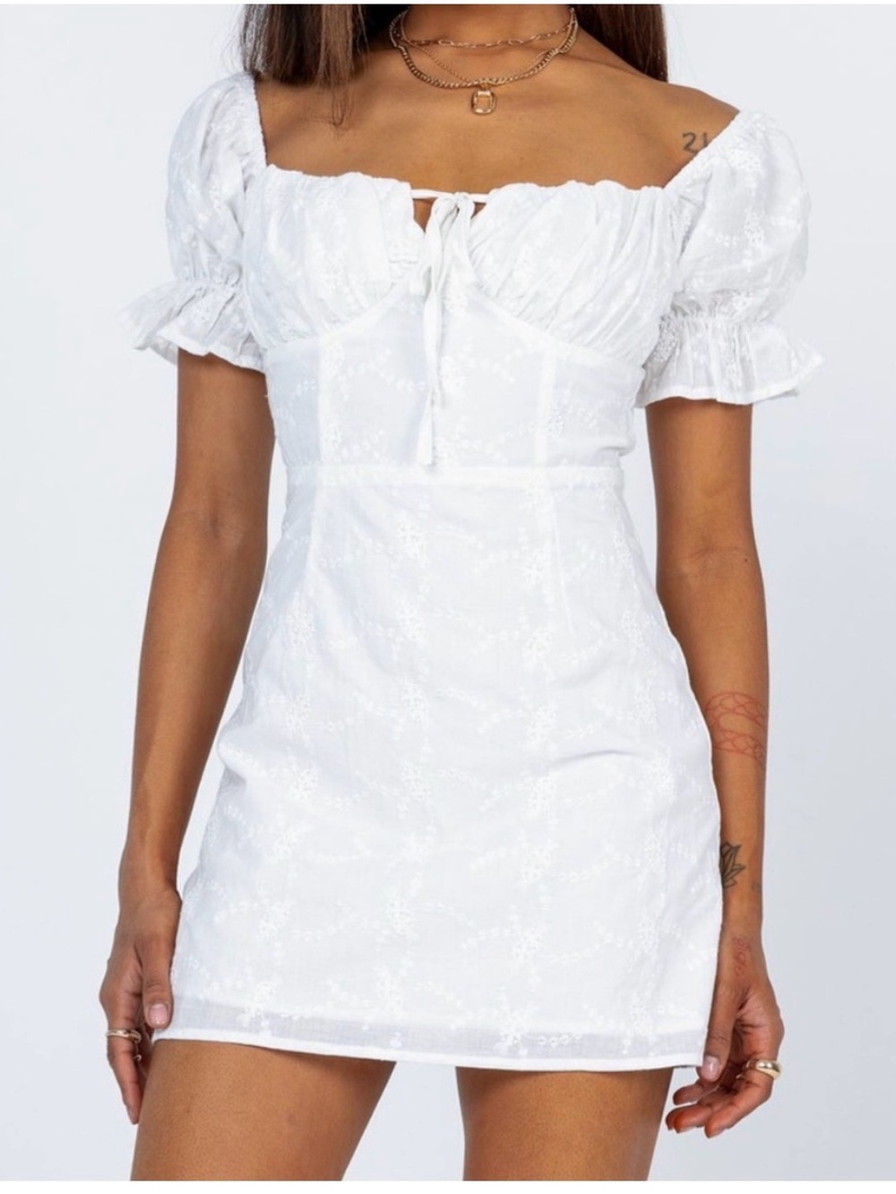 Princess Polly White Rose Eyelet Puff-Sleeve Mini Dress